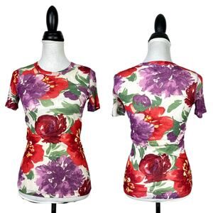 Karen Kane Red & Purple Bright Floral Sheer Short Sleeve Fitted Tee